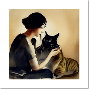 Cat Loving Lady in Watercolor Posters and Art